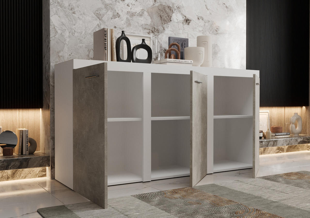 KOMMODE London LRXK mit 3 Türen, Sideboard in Farbe: Weiß|Grau, Größe: 149 x 82 x 40 cm - Weiß/Grau, Holzwerkstoff (149/82/40cm) - O-Sofa