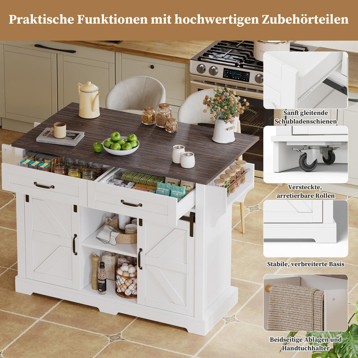 KÜCHENINSEL in Weiß Servierwagen mit klappbarer Arbeitsplatte und Schubladen für Küche, B120/T45(70)/H91 cm - Weiß, Holzwerkstoff (120/91/70cm) - STILVORA