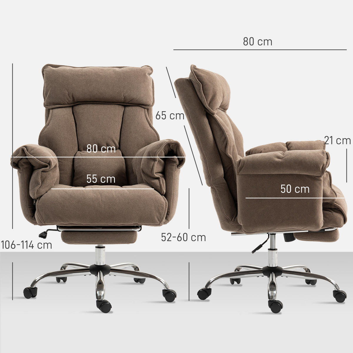 BÜROSTUHL Ergonomischer Schreibtischstuhl mit doppellagiger Polsterung Fußstütze - Hellbraun/Silberfarben, Textil/Metall (80/114/80cm) - HOMCOM