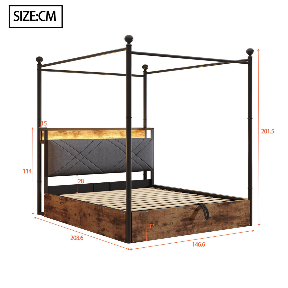 METALLBETT 140/190 cm schwarz mit hydraulischem Stauraum und LED-Beleuchtung - Schwarz, Metall (140/190cm) - OKWISH