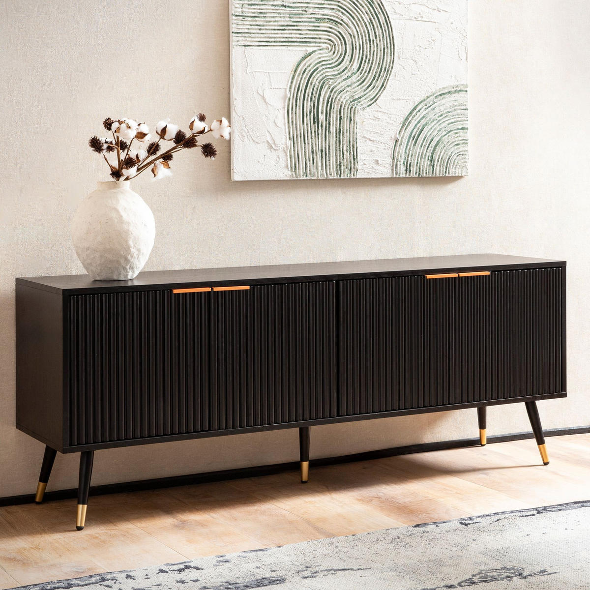 LOWBOARD Schwarz Eiche-Dekor Modern Stil 150x60x39 cm mit Türen - Schwarz, Holzwerkstoff/Metall (150/60/39cm) - KADIMA DESIGN