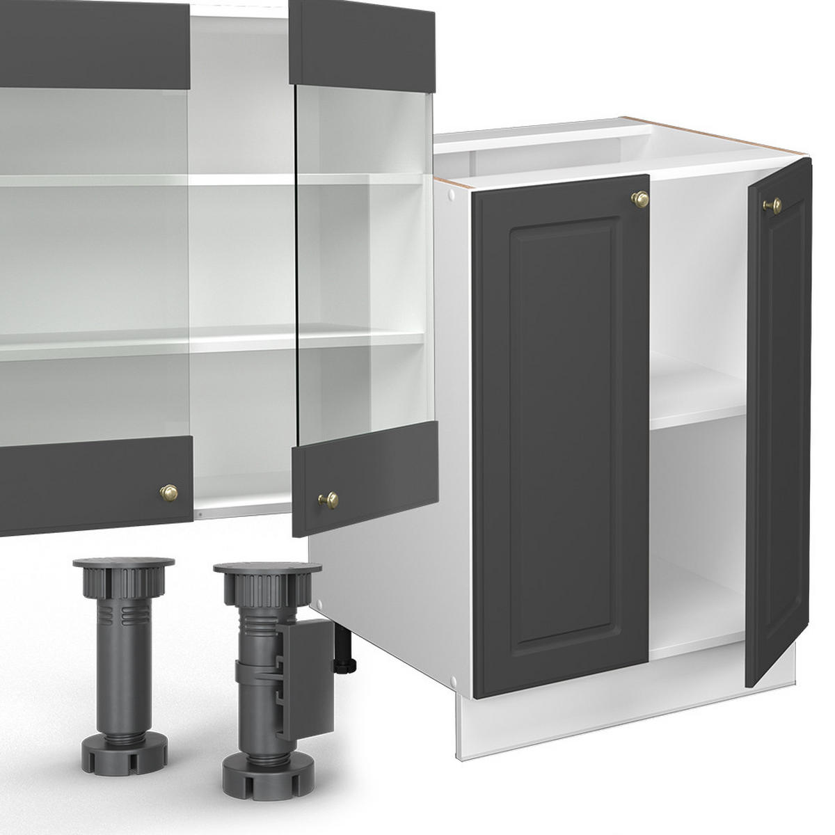 KÜCHENZEILE Fame-Line Anthrazit-Gold/Weiß 300 cm mit Hochschrank AP Eiche - Graphitfarben/Weiß, Holzwerkstoff (300/81.6/60cm) - Vicco