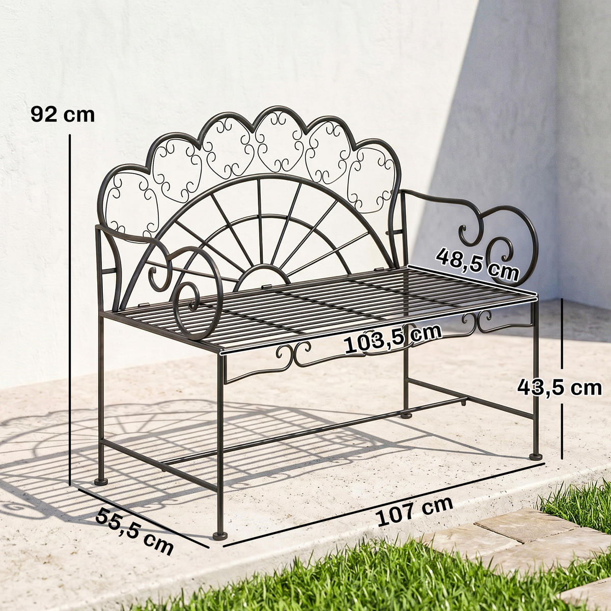 ZAHRADNÍ LAVIČKA, 107 cm x 55,5 cm x 90,5 cm, kov, černá - černá, kov (55.5/92/107cm) - Outsunny