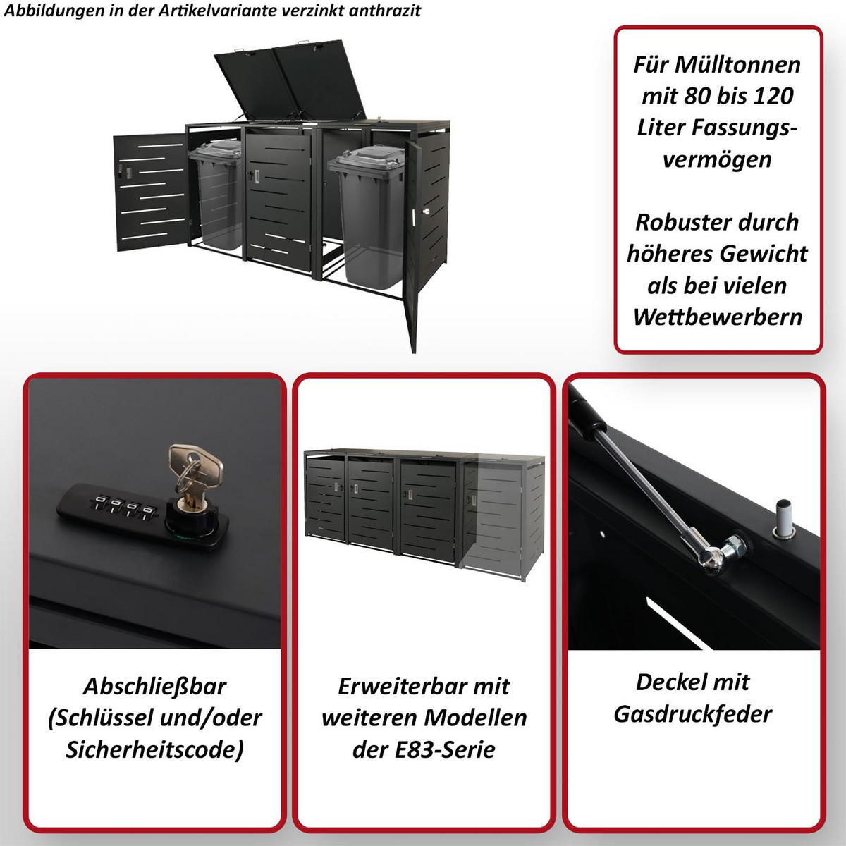 3ER-MÜLLTONNENVERKLEIDUNG Anthrazit - Anthrazit, Metall (197/116/80cm) - MCW