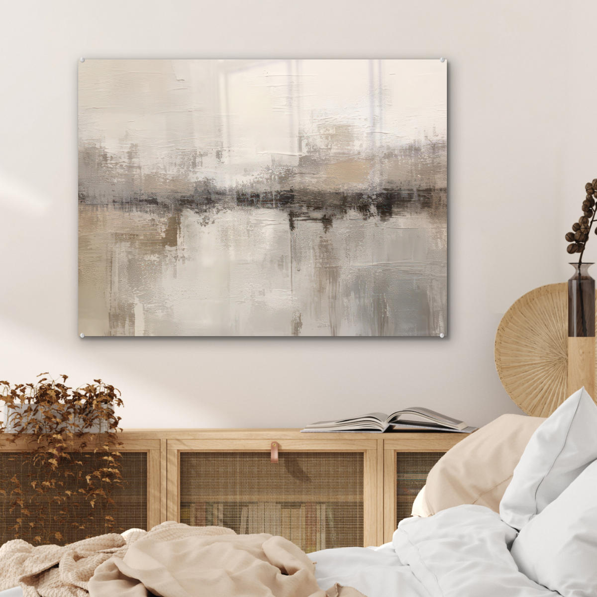 ACRYLGLASBILD Moderne Kunst - Abstrakt - Beige 80x60 cm - Beige, Glas (80/60cm) - MuchoWow