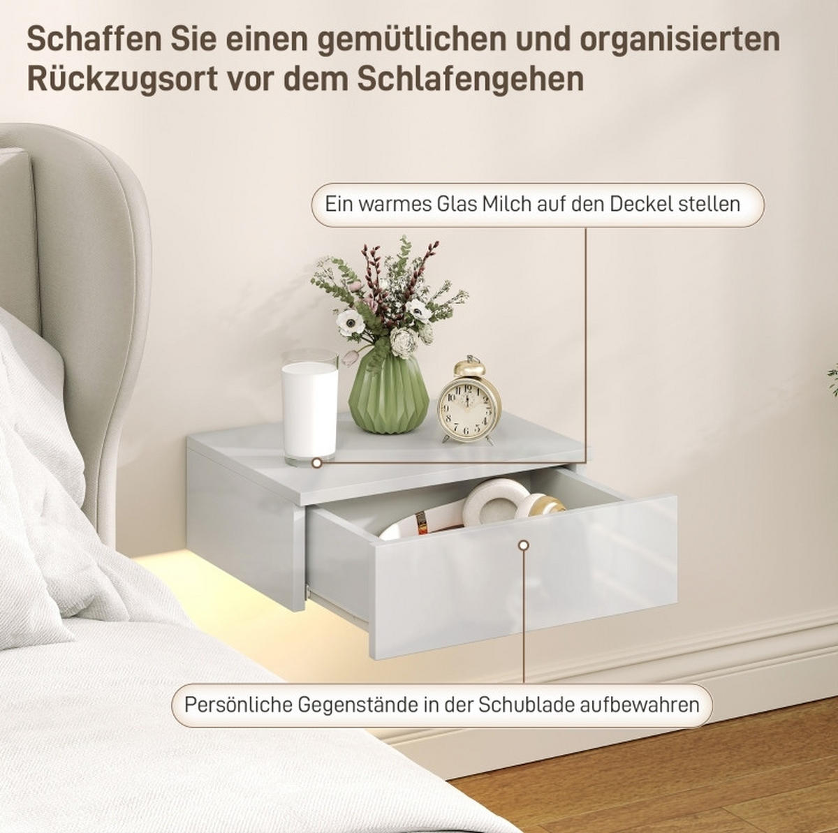 NACHTTISCH-SET 40/30/14 cm weiß aus Holz wandmontiert mit Schubladen - Weiß, Holzwerkstoff (40/14/30cm) - OKWISH