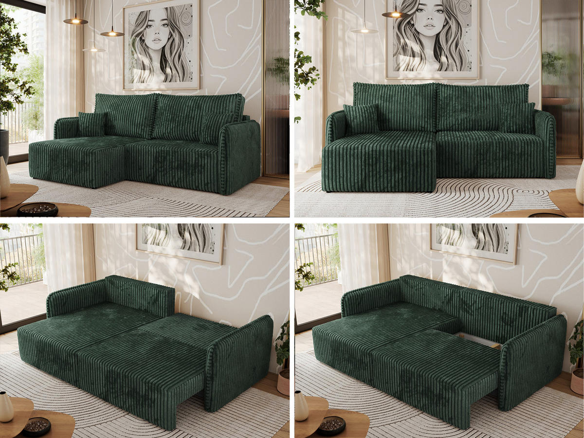 ECKSCHLAFSOFA MESTO L Grün Cord - links - Schwarz/Grün, Kunststoff/Textil (227/147cm) - MKS