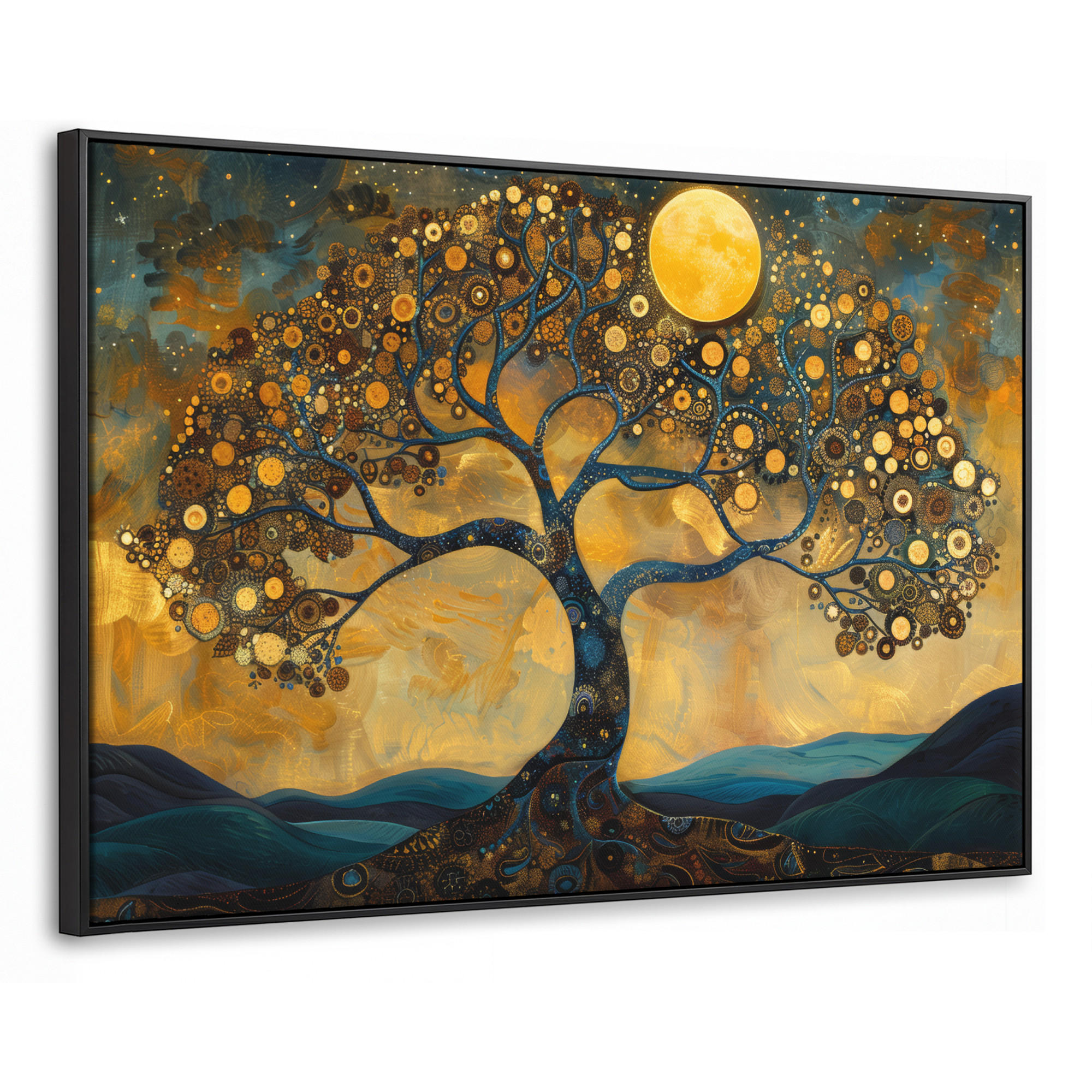 LEINWAND Bilder mit Rahmen - Baum - Mond - Blumen - Gold - Kunst - 150x100 - Orange, Textil (150/100cm) - MuchoWow