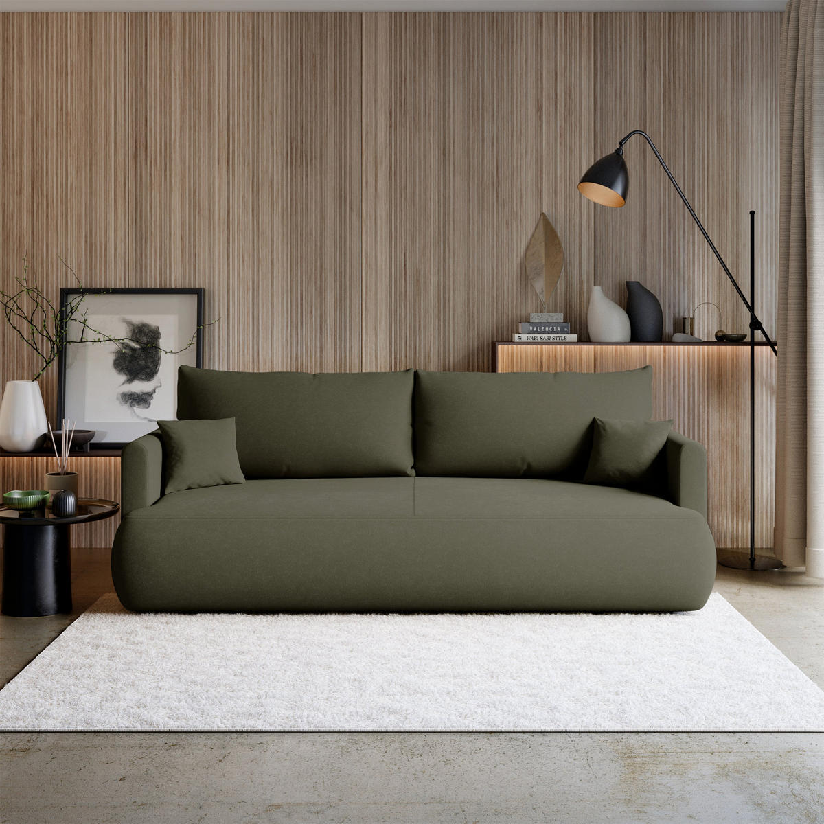 SCHLAFSOFA Ovo Mini Olivgrün Chenille Easy Clean - Schwarz/Olivgrün, Kunststoff/Textil (226/90/97cm) - Selsey