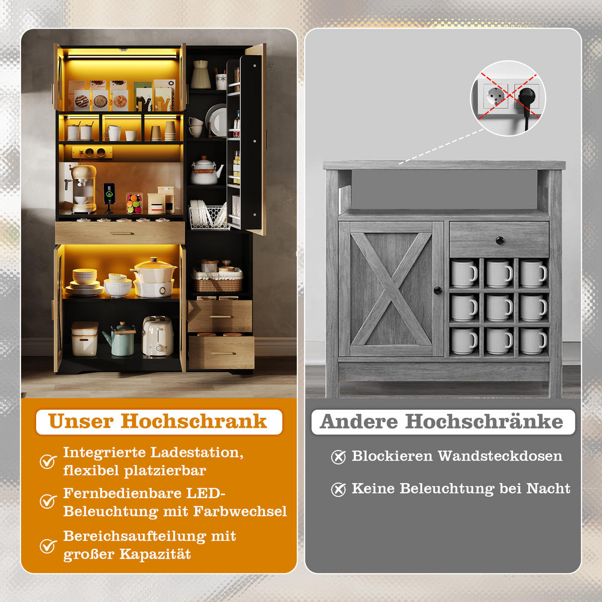 BUFFET 105/39/185 cm Natürlich mit farbwechselnder LED-Beleuchtung und 2 Schublade - Schwarz, Holz (105/185/40cm) - Oxeza