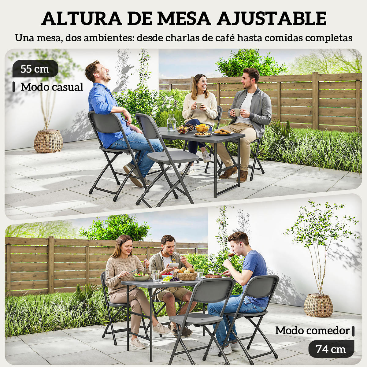GARTENMÖBEL-SET,VERSTELLBARER Klapptisch+4 Klappstühle,grau - Grau, Metall - Vallsero