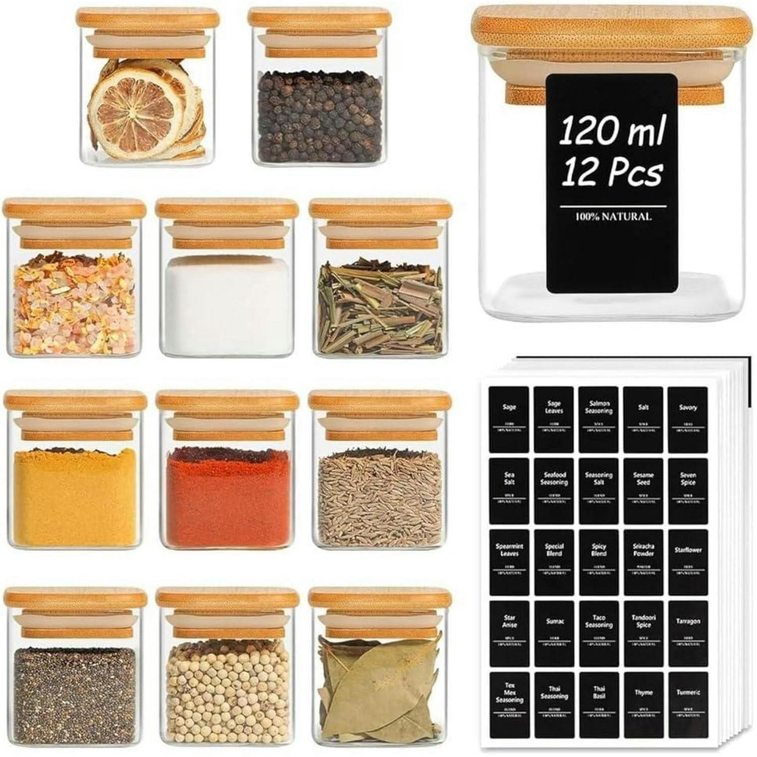 VORRATSGLÄSER 12er Set 120 ml Eckig mit Holzdeckel - Multicolor, Glas (6/6.6/6cm)
