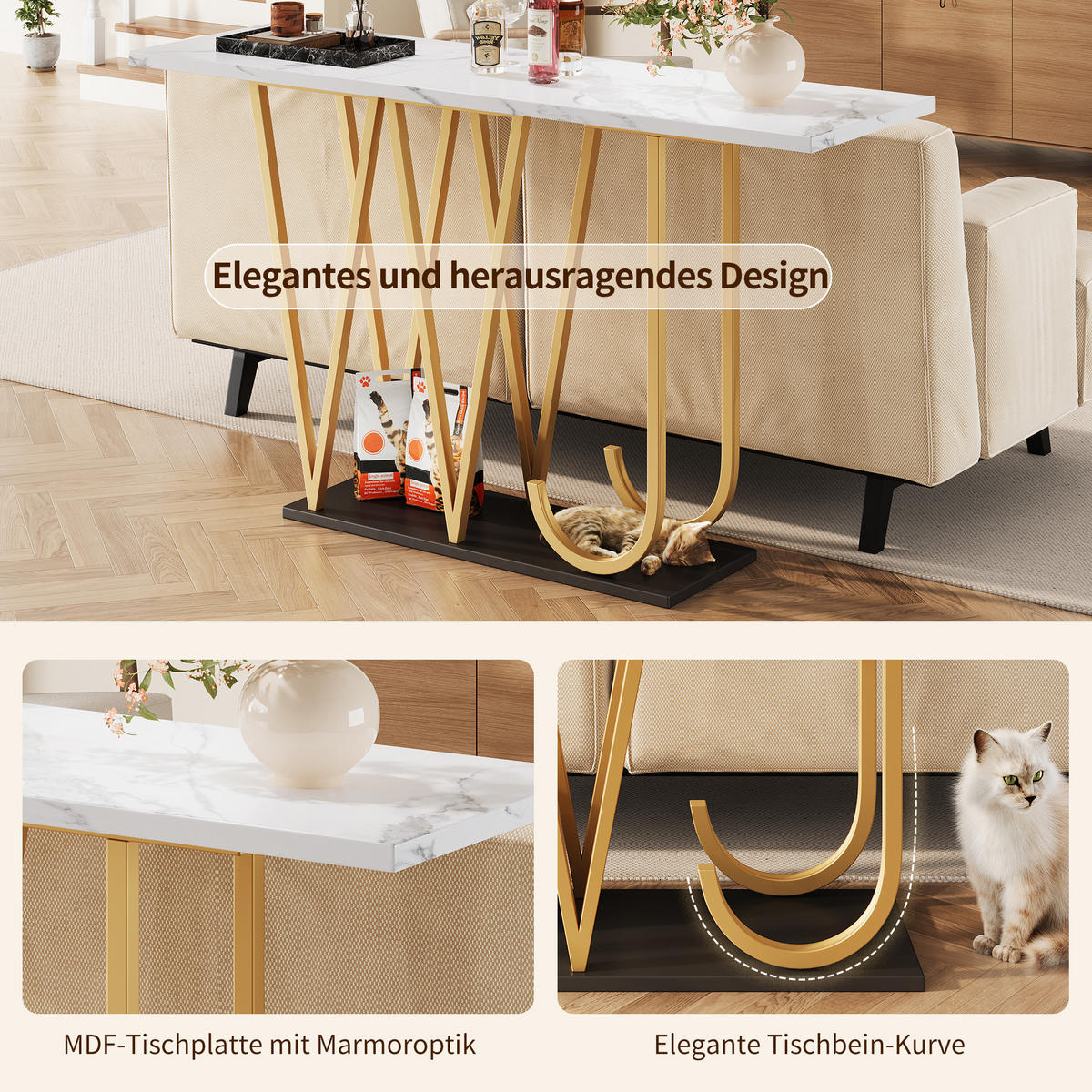 KONSOLENTISCH 120/29,5/80 cm Weiß Marmoroptik mit Stauraum aus MDF Metall - Weiß, Holzwerkstoff (120/29.5/80cm) - OKWISH