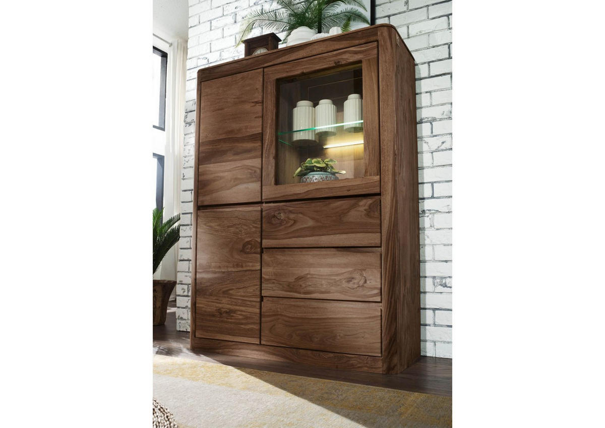 VITRINE Sheesham 109x40x145 rot-braun gebeizt TORONTO #109 - Dunkelbraun, Holz (109/145/40cm) - Massivmoebel24