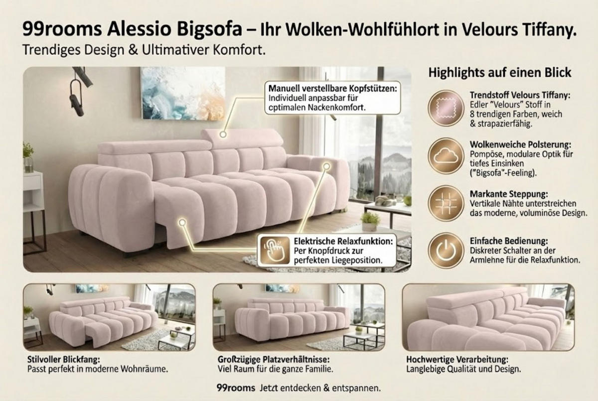 BIGSOFA ALESSIO Velours Rosa mit elektrischer Sitztiefenverstellung - Rosa, Kunststoff/Textil (248/77/108cm) - 99rooms