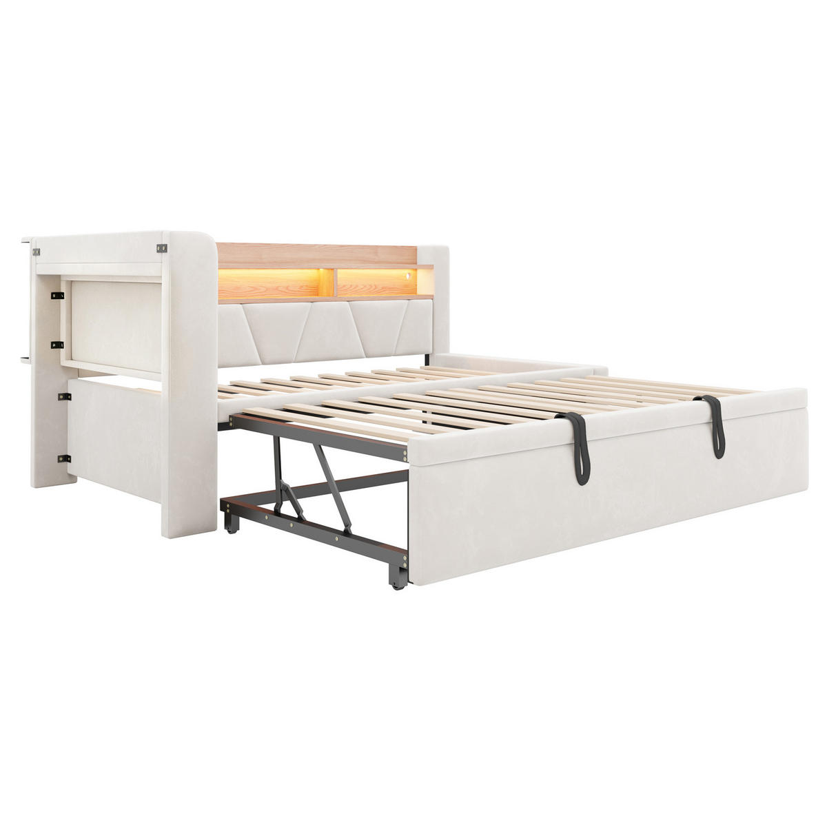 TAGESBETT 90x200/90x190 mit LED, USB/Stauraum, 3-in-1 Funktion, Samt, Beige - Beige, Holz (90/200cm) - LVHOM