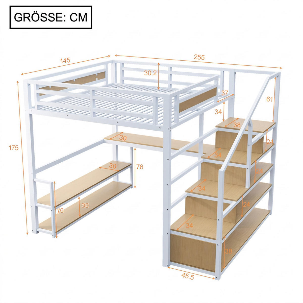 HOCHBETT 140/200 cm Weiß mit LED-Lichtleisten, Stautreppen und Tisch - Weiß, Metall (140/200cm) - Oxeza