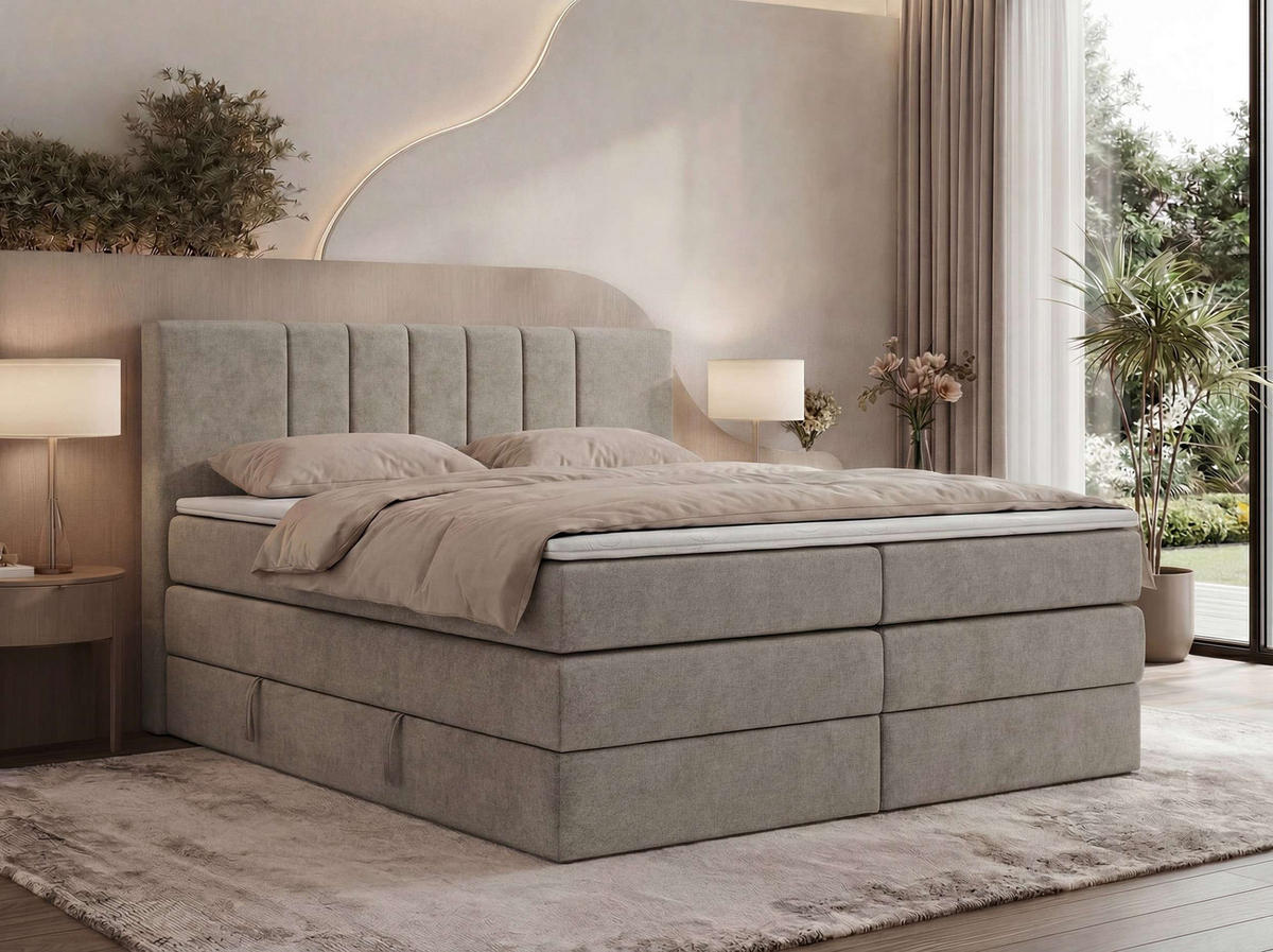 BOXSPRINGOVÁ POSTEĽ INERO KING 180/200 - Sivobéžová Štruktúrovaná látka - Topper Visco - H4 (tvrdý) - čierna/sivobéžová, textil/plast (180/200cm) - MKS