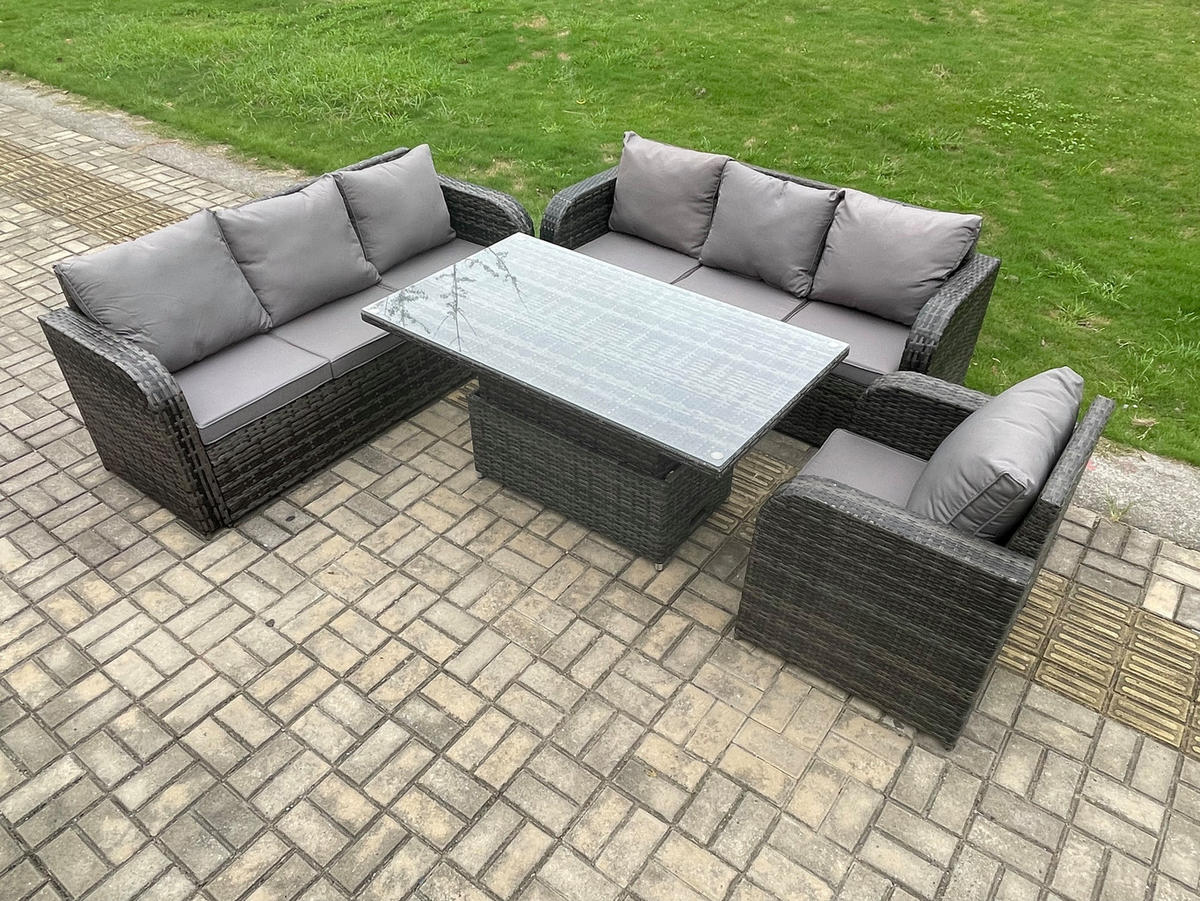 GARTENMÖBELSET mit Höhenverstellbarer Esstisch,Beistelltisch 7-Sitzer Grau - Dunkelgrau/Grau, Glas/Kunststoff - Fimous