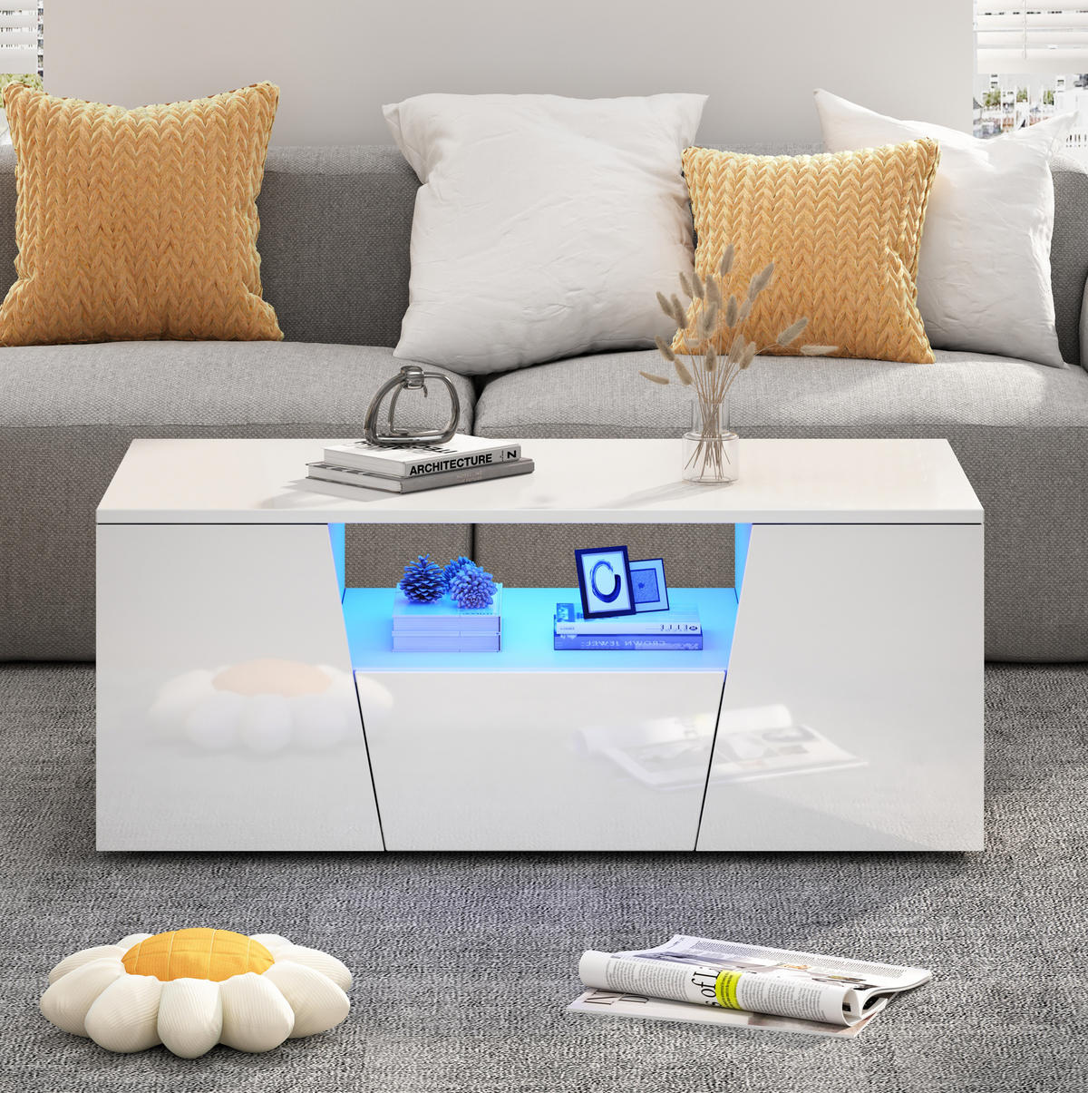 COUCHTISCH, Hochglanz Weiß, mit App-LED (USB) & Stauraum, 100/50/40 cm,Weiß - Weiß, Holzwerkstoff (100/50/40cm) - Redom