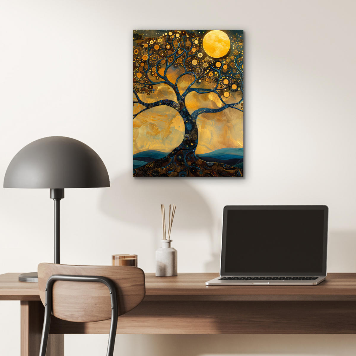 KOVOVÝ OBRAZ Strom - Mesiac - Kvety - Zlato - Umenie 30x40 cm - oranžová, kov (30/40cm) - MuchoWow
