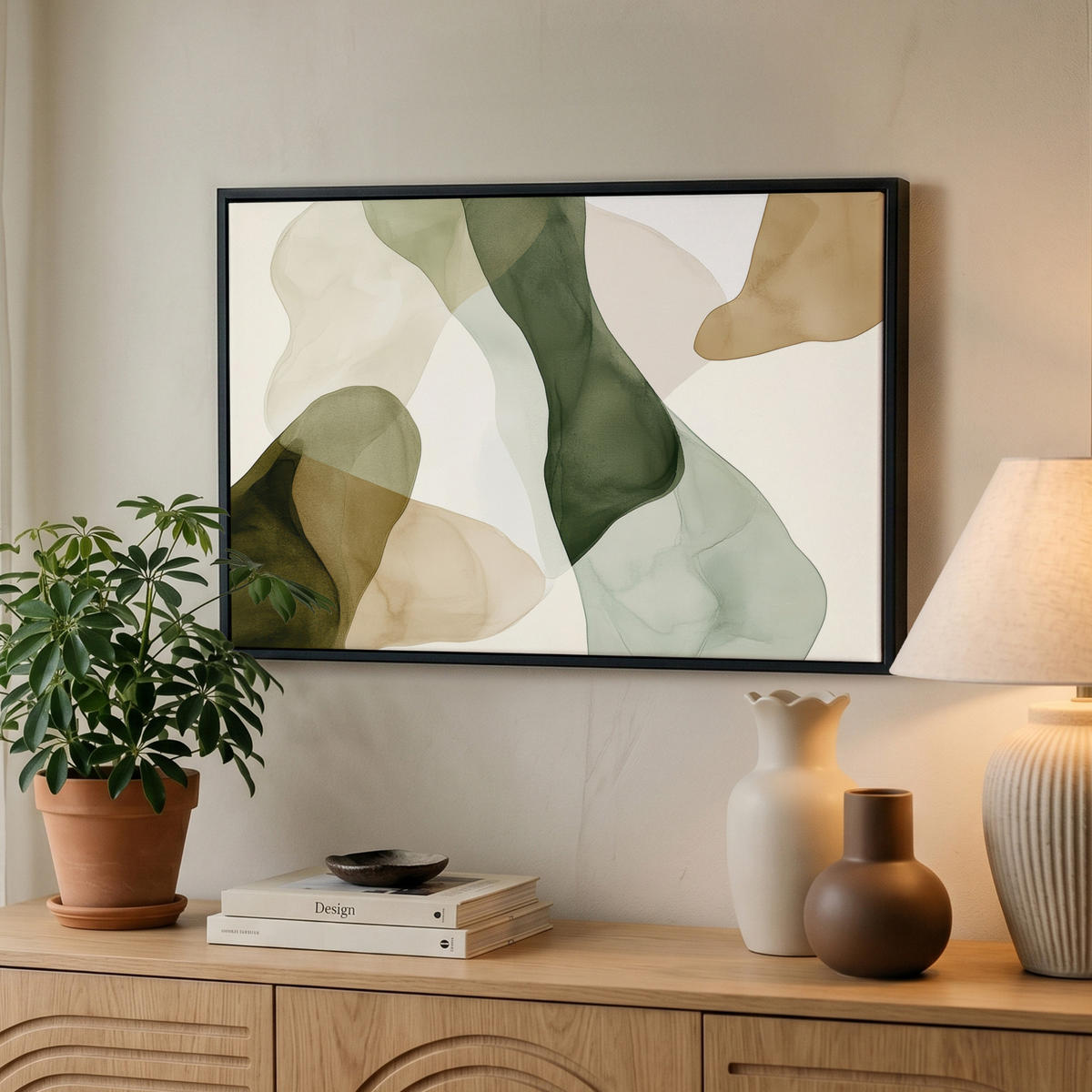 LEINWAND Bilder mit Rahmen - Japandi - Abstrakt - Grün - 60x40 - Salbeigrün, Textil (60/40cm) - MuchoWow