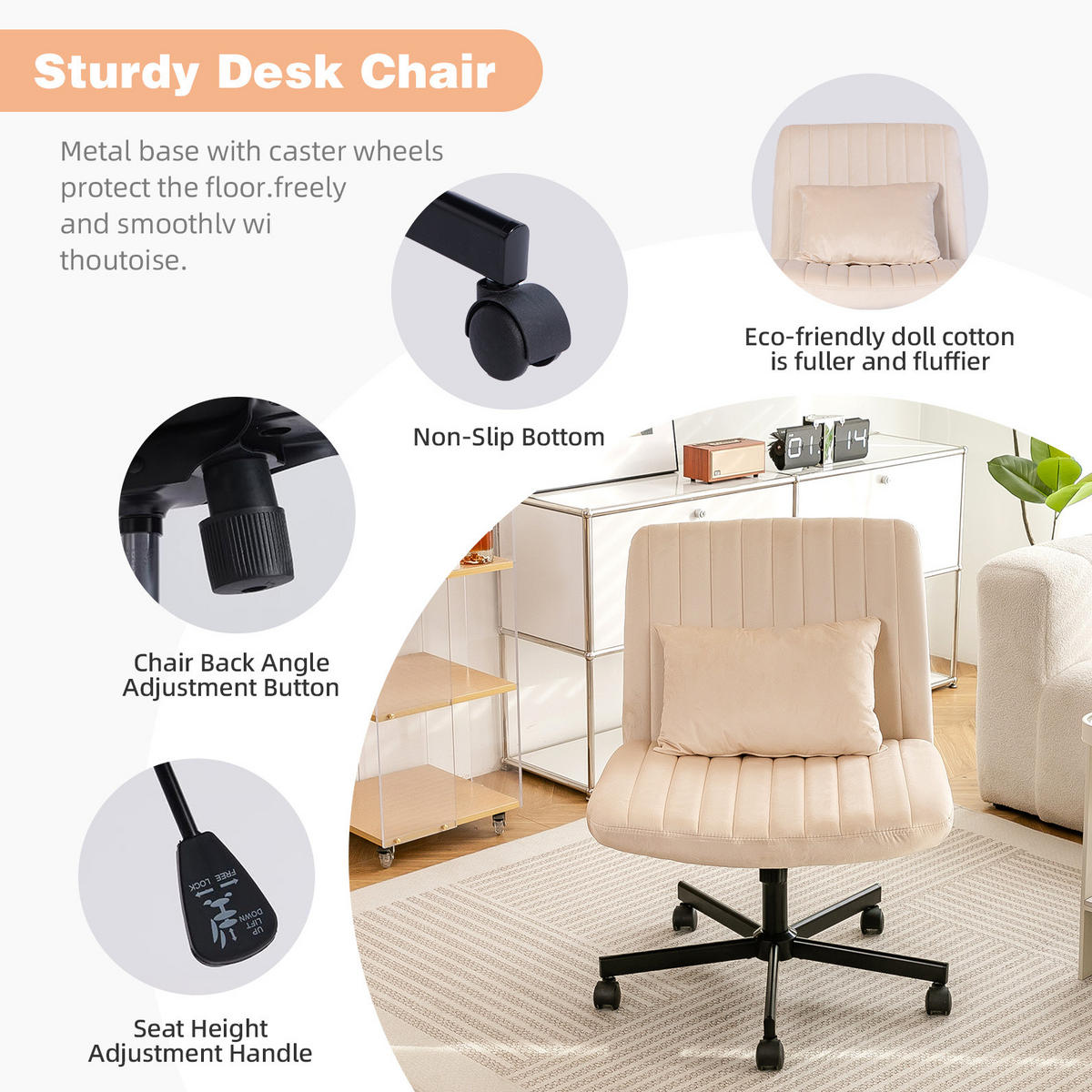 BÜROSTUHL höhenverstellbar Stoff Beige mit Rollen - Beige, Kunststoff (25.2/33/21.5cm) - Meubliv