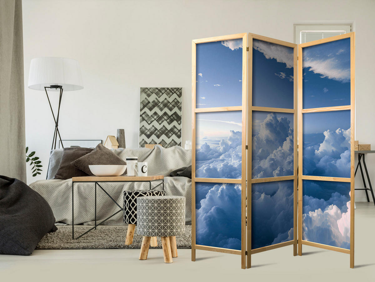 PARAVENT Japanischer 3-tlg 135x172 cm Wolken 3D - Blau, Holz/Textil (135/172/3cm) - Muralo