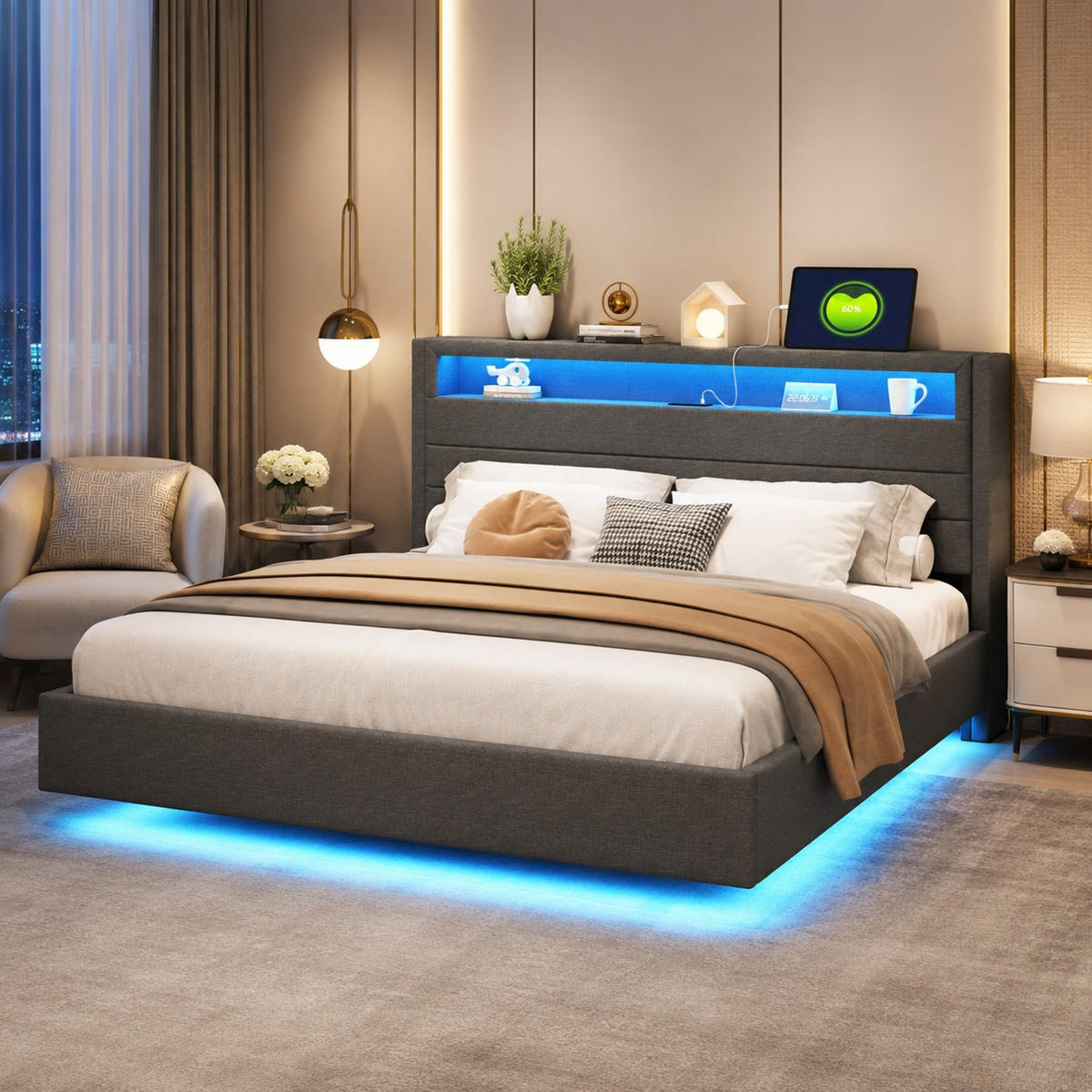 POLSTERBETT 160/200 mit LED, USB-Steckdose und Stauraum im Kopfteil in Grau - Grau, Holzwerkstoff/Textil (160/200cm) - EVRYAE