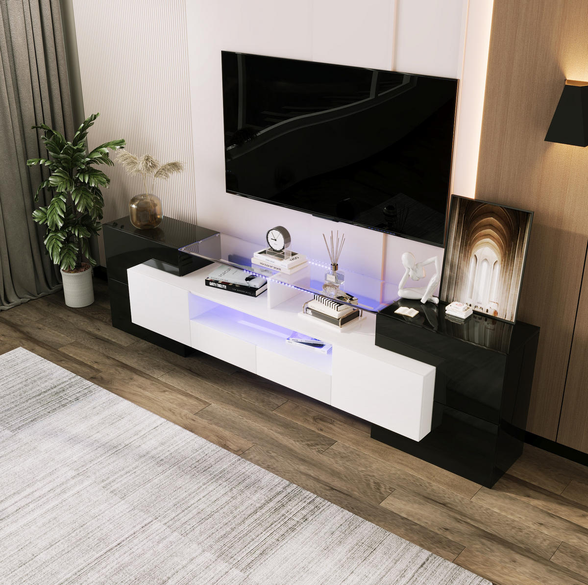 TV-SCHRANK aus Spanplatte und MDF 200x35x60 cm Schwarz/Weiß mit LED-Beleuchtung, Glasoptik und viel Stauraum - Schwarz, Holzwerkstoff (200/60/35cm) - Modfu