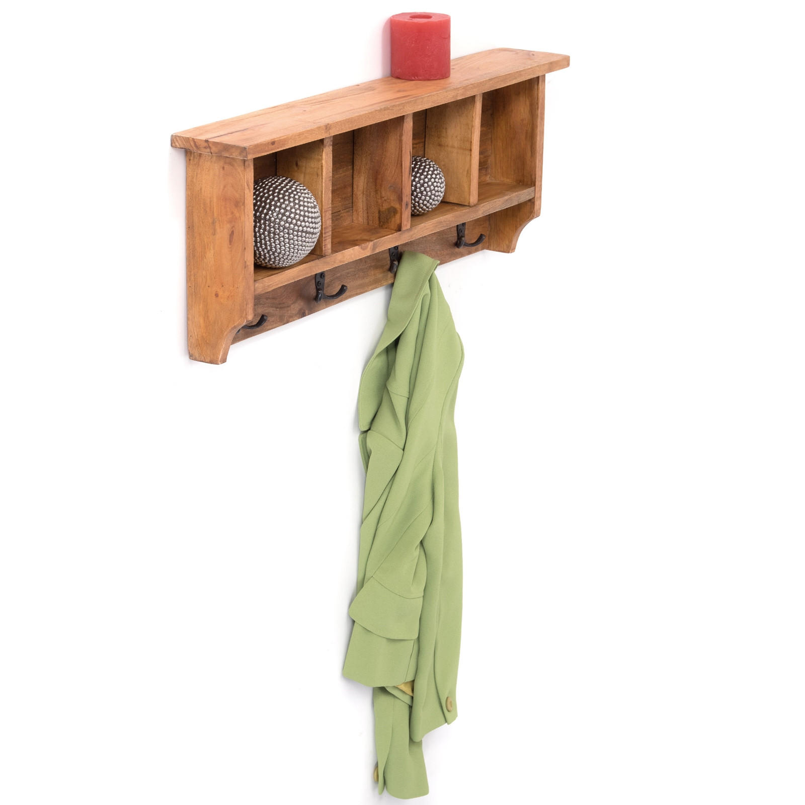 WANDGARDEROBE VINTAGE 70 Recyclingholz massiv, 4 Doppelhaken, 4 Fächer, Ablage 08 honigfarben gewachst - Honig, Holz (70/27/11cm) - DESIGN DELIGHTS