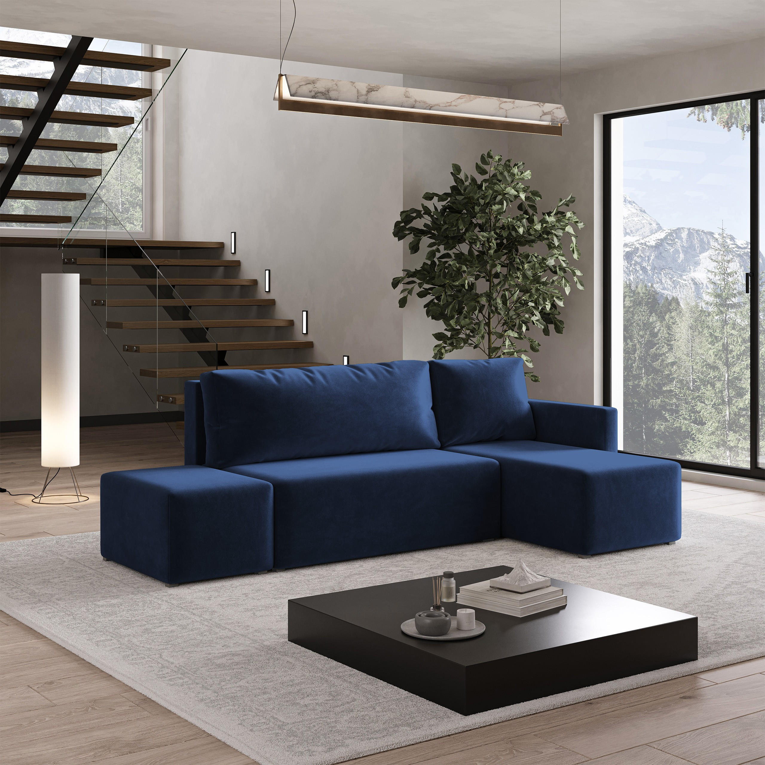 ECKSOFA VELOTTI R-S Blau Plüsch-Stoff mit Schlaffunktion - Blau, Holz (261/143cm) - MASSENO