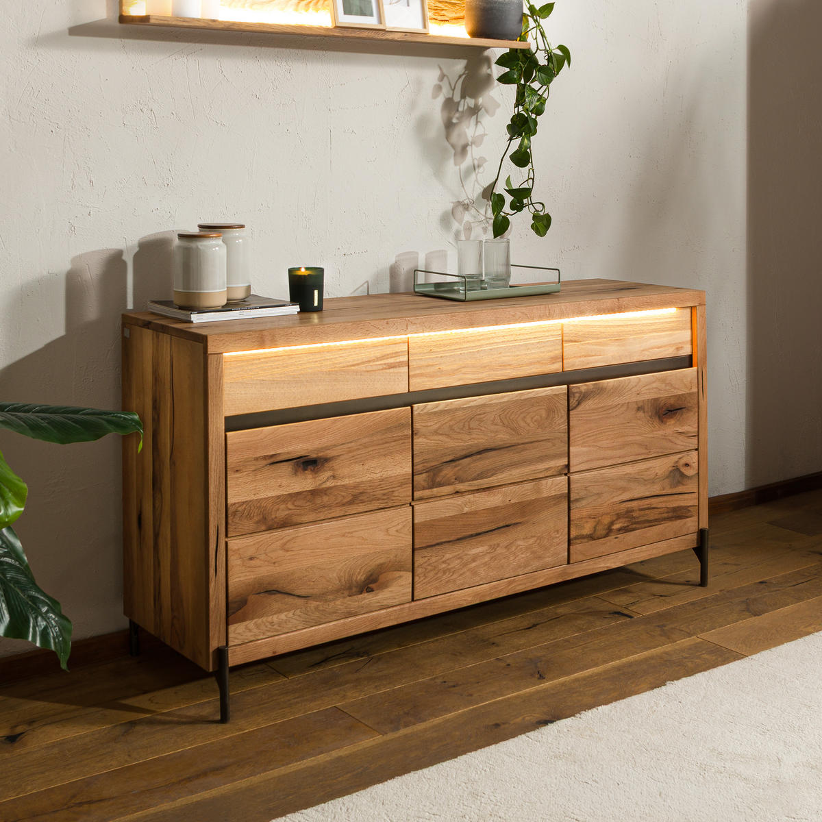 SIDEBOARD Wild-/Zerreiche 155x47x80 natur geölt MONTREUX LUX #100 - Naturfarben, Holz (155/80/47cm) - Massivmoebel24