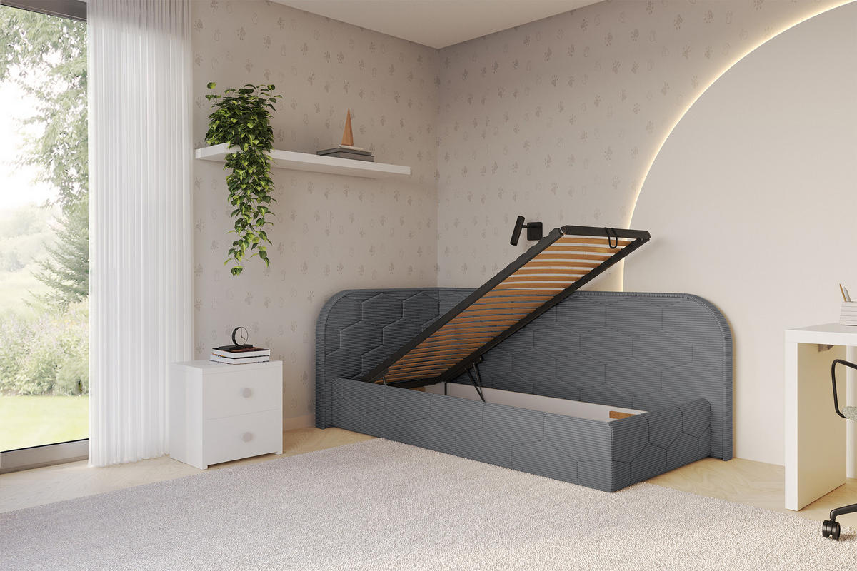 EINZELLBETT Jugendbett mit Bettkasten und Matratze H3/H4, Rechts - JAXY 90x200 Dunkelgrau - Schieferfarben, Holzwerkstoff/Textil (90/200cm) - ALTDECOR