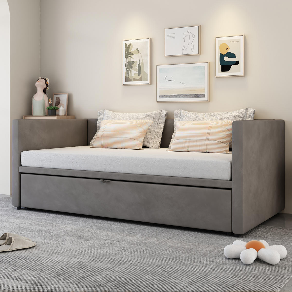 SCHLAFSOFA ausziehbar 90x200/180x200 cm Samt Grau mit Lattenrost - Grau, Metall (90/200cm) - Meubliv