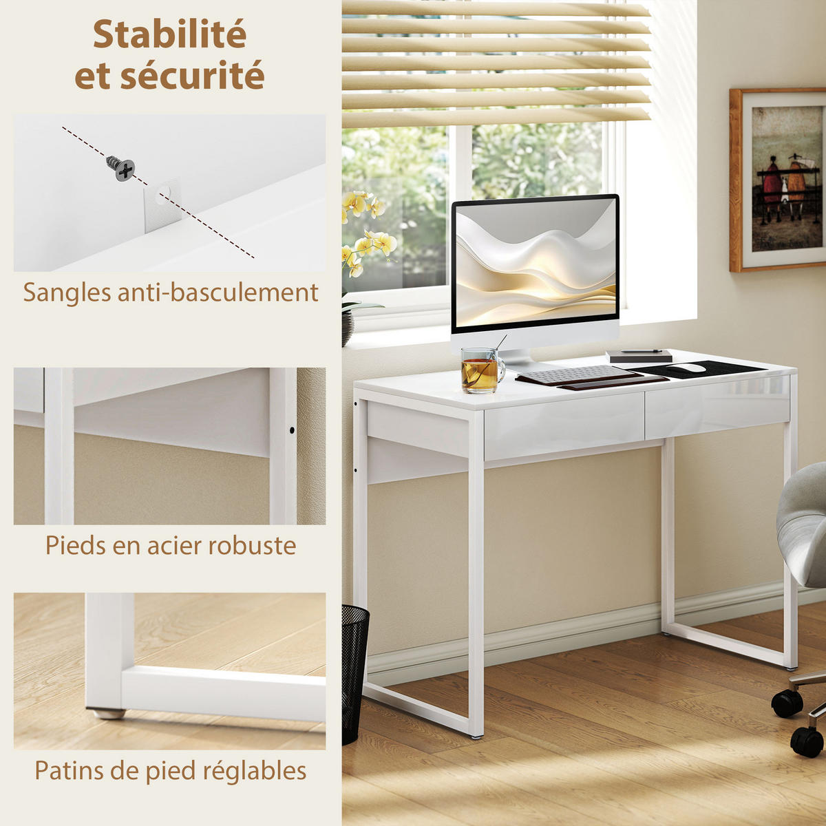 SCHREIBTISCH DE-14909 2 Schubladen mit Hochglanz-Finish Weiß - Weiß, Metall (100/50/75cm) - ComfortXL