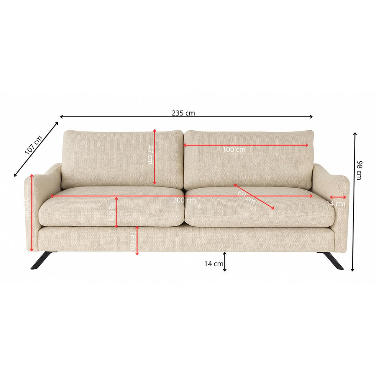 SOFA CLOUD mit schwarz Metallbeinen, Beige - Beige, Textil (235/98/107cm) - KS Home Concept