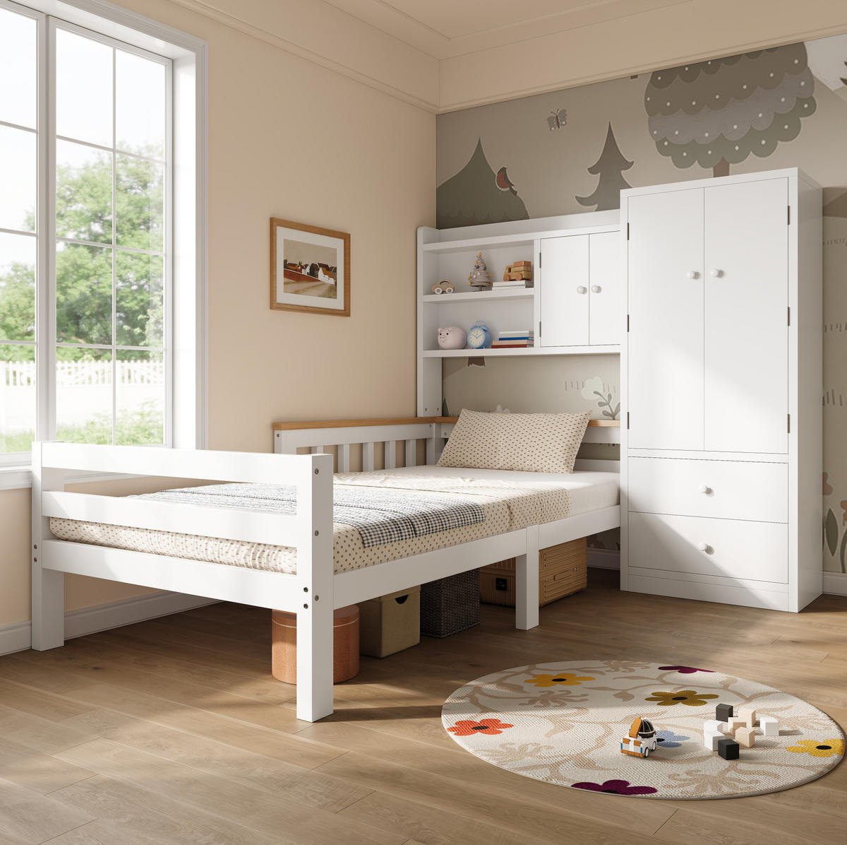 KINDERBETT aus Massivholz und MDF 90x200 cm Weiß mit Kleiderschrank, Schubladen und Regalfächern - Weiß, Holz (90/200cm) - Modfu