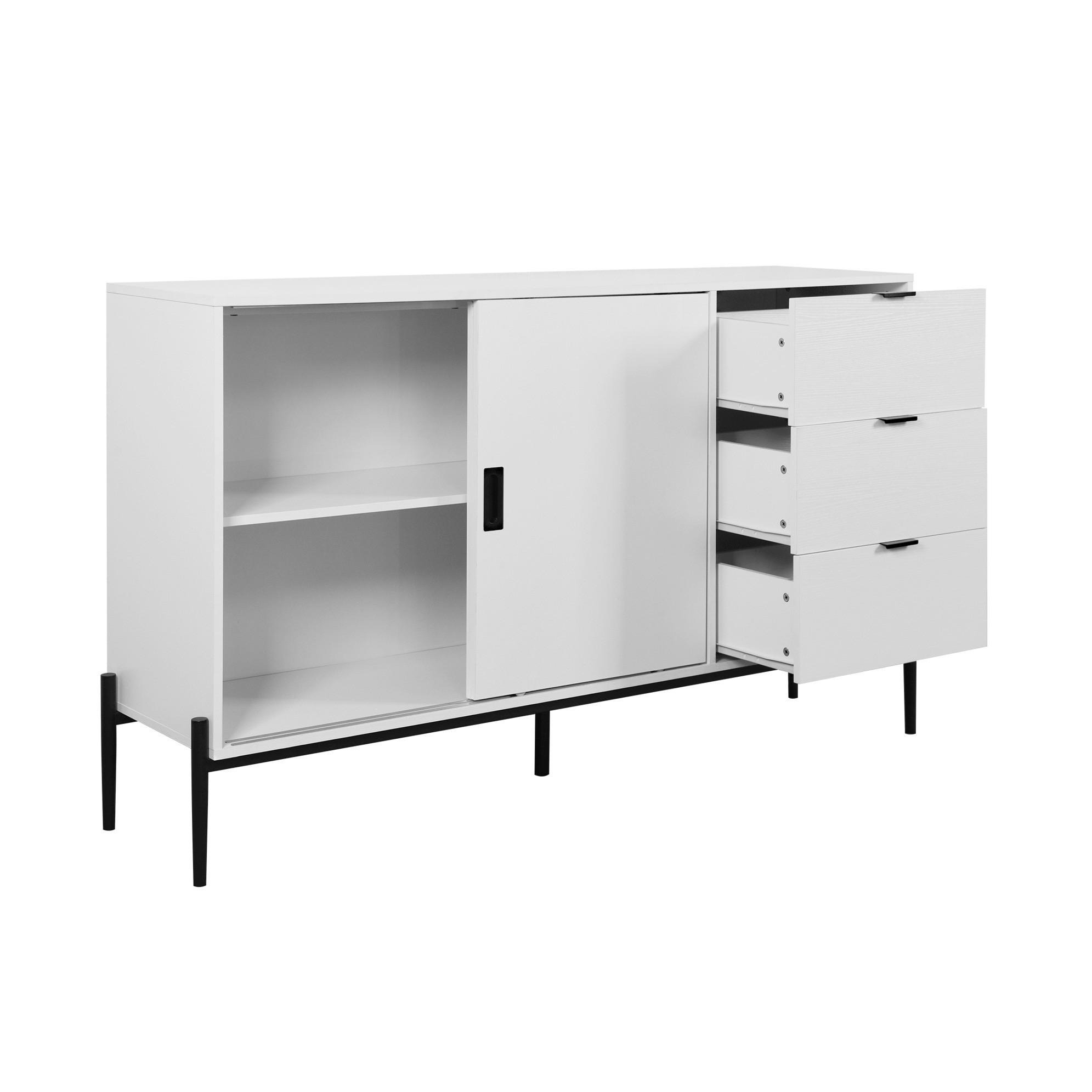 SIDEBOARD 155/40/92 cm Weiß aus Holzwerkstoff mit Riffelglas und 3 Schubladen - Weiß, Holzwerkstoff (155/91.5/40cm) - OKWISH