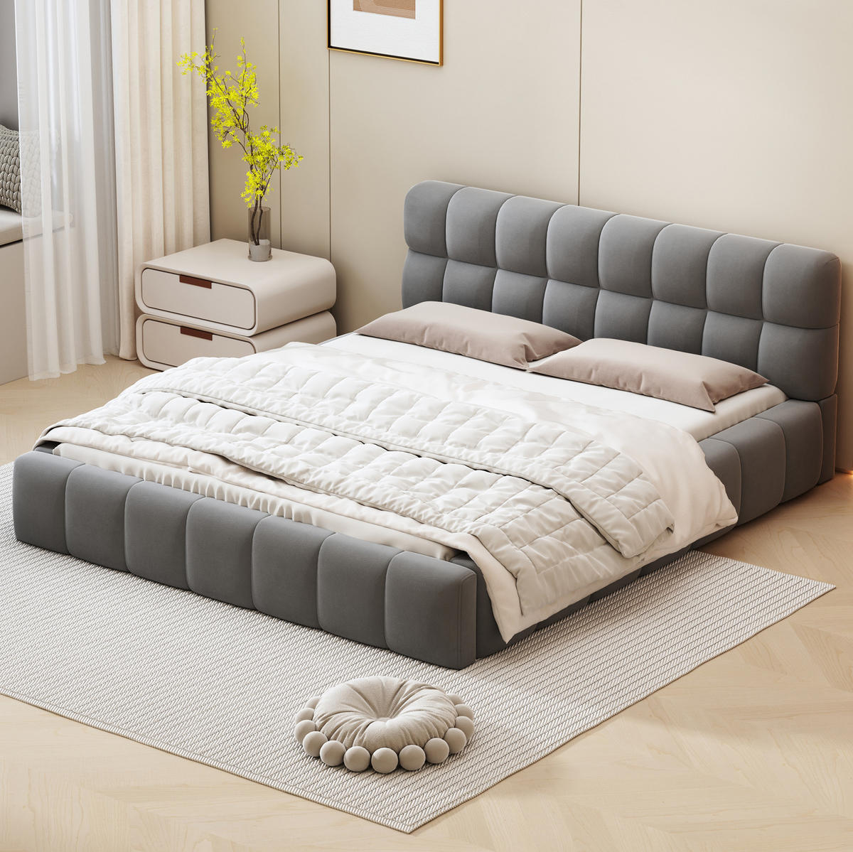ČALÚNENÁ posteľ 140/190 cm, sivá, s pevným lamelovým roštom a zapusteným lôžkom - sivá, textil (140/190cm) - BEAOK