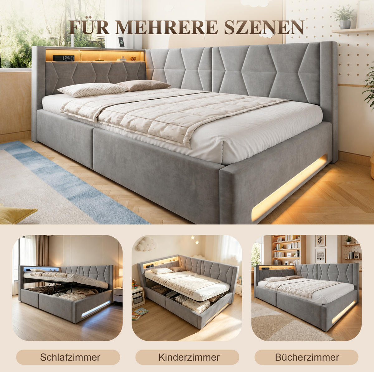 ČALOUNĚNÁ postel 140/200 cm s LED osvětlením, USB, Type-C a hydraulickým úložným prostorem, Tmavě šedá - tmavě šedá, kov (140/200cm) - Redom
