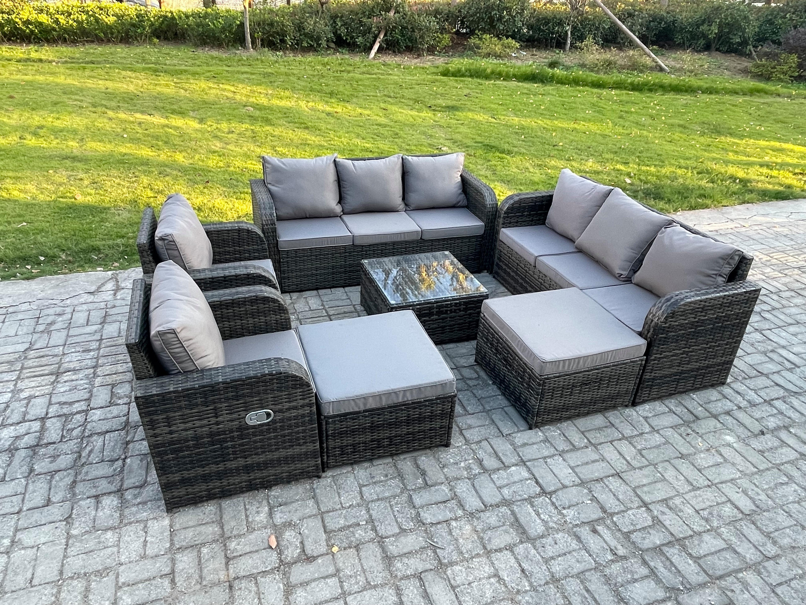 GARTENMÖBEL SET mit 3-SITZER SOFA Polyrattan Dunkelgrau 10-Sitzer - Dunkelgrau/Grau, Glas/Kunststoff - Fimous