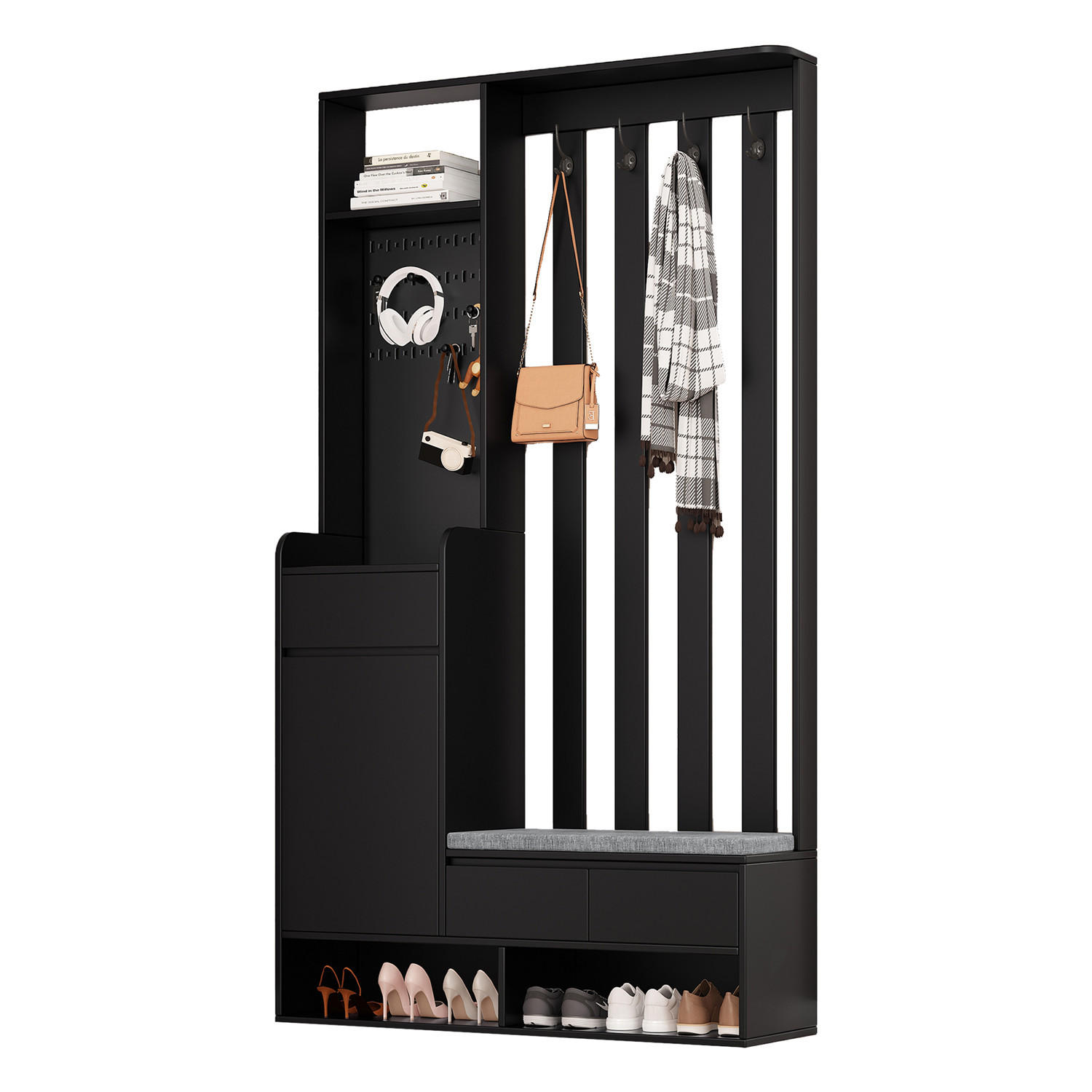 GARDEROBE 100/180/35 cm Schuhbank Haken Stecktafel Schwarz - Schwarz, Holz (35/180/100cm) - Kaket