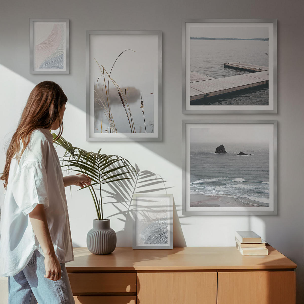 WANDBILDER 5er Set - 50x50 cm & 20x30 cm & 40x60 cm Silberner Rahmen - Abstrakte Pastellwellen - Silberfarben, Kunststoff (40/60cm) - ArtPrintCave