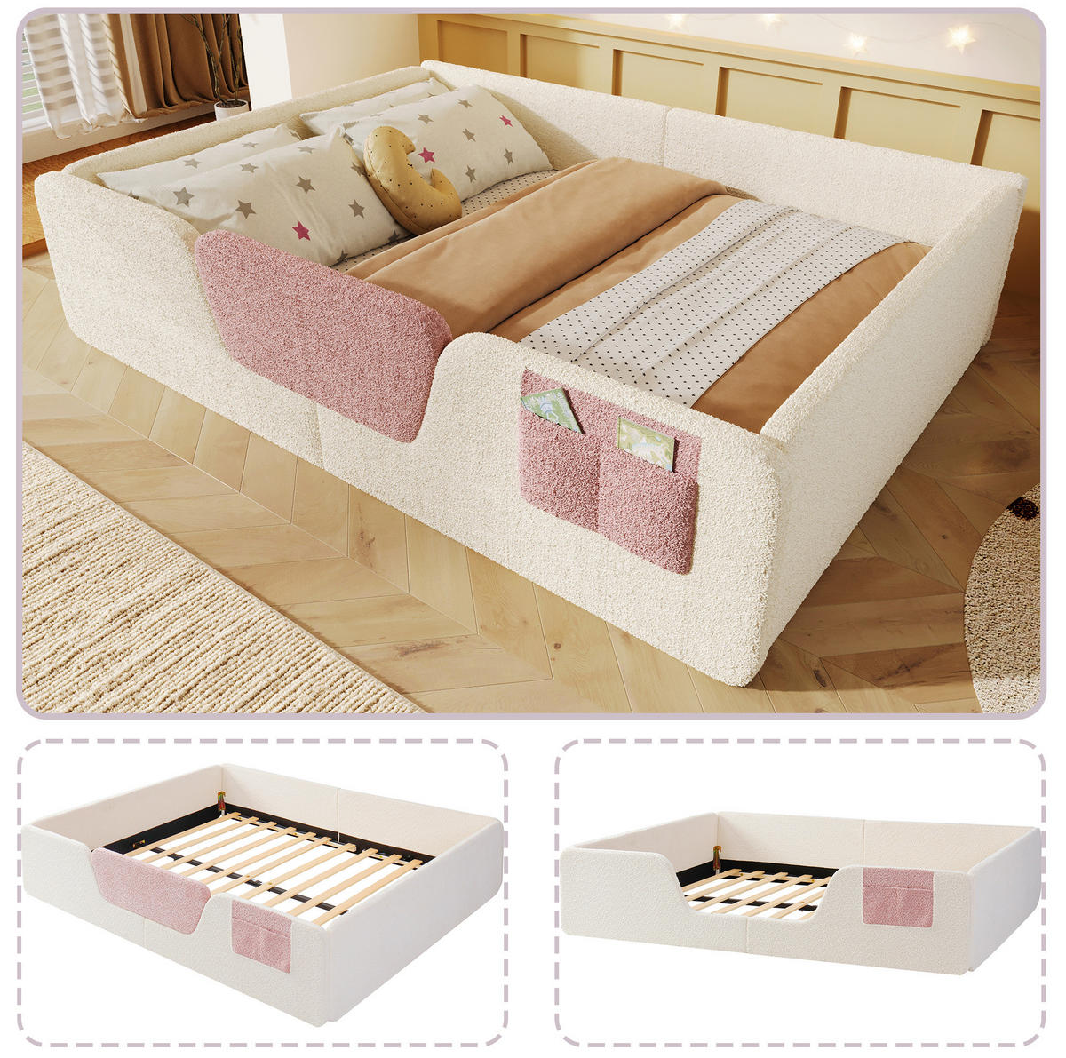 KINDERBETT Polsterbett 140/190 cm aus Samt und MDF mit abnehmbaren Seitengittern Beige - Beige, Textil (140/190cm) - Modenvie