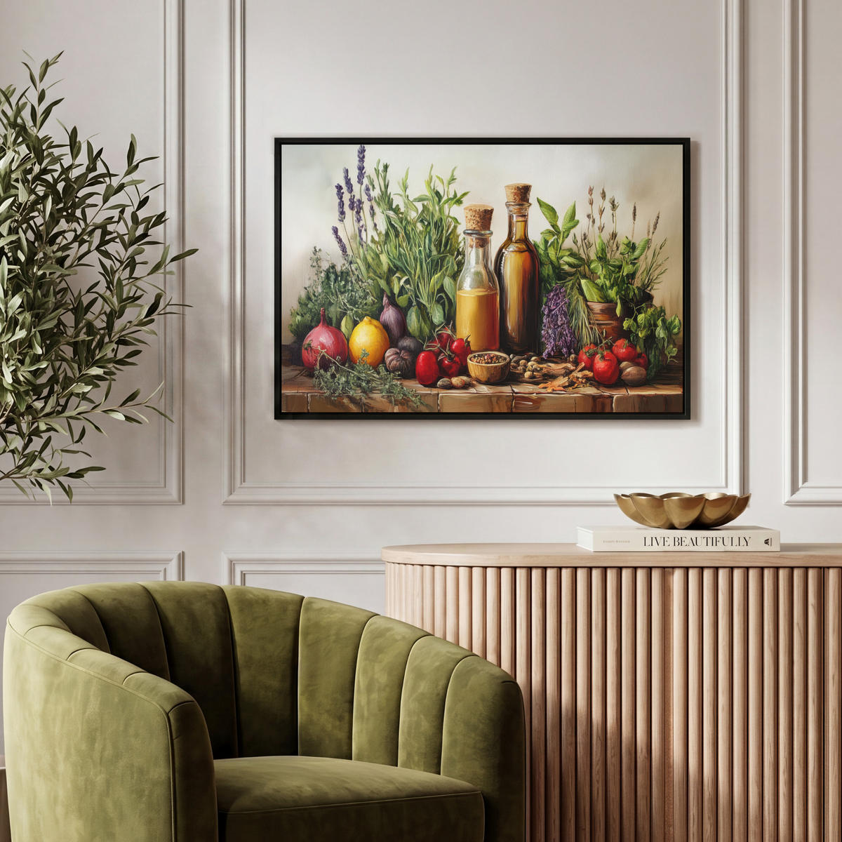 LEINWAND Bilder mit Rahmen - Stilleben - Kräuter - Gewürze - Früchte - Farbenfroh - 60x40 - Grün, Textil (60/40cm) - MuchoWow