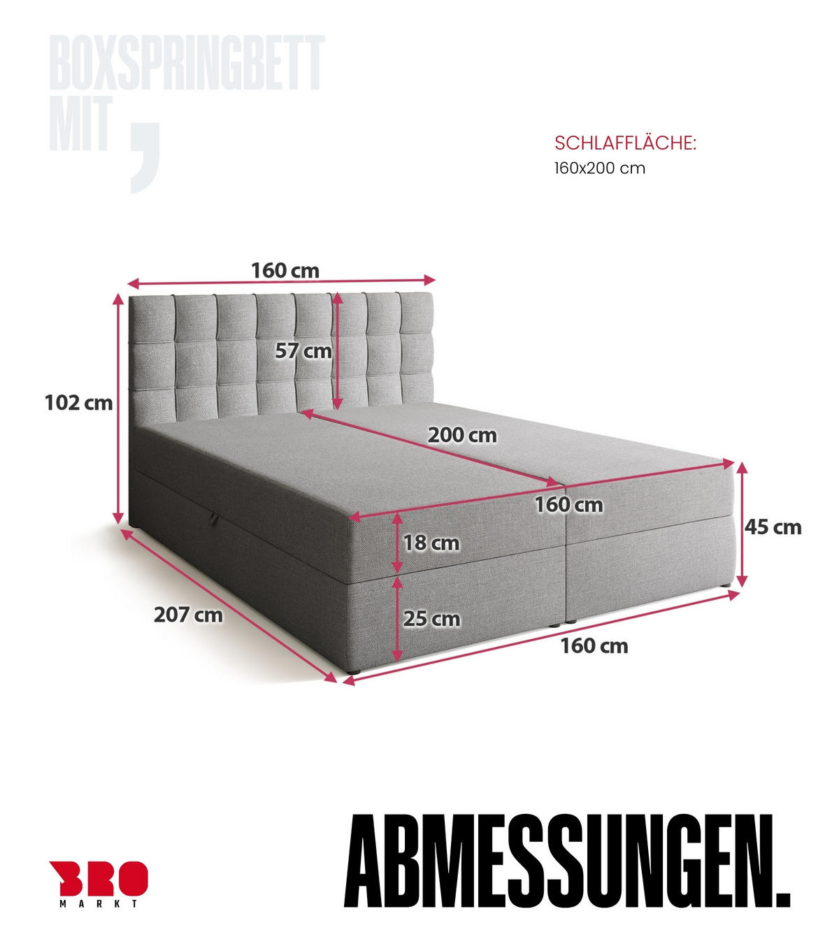 BOXBETT Detroit mit Topper 160/200 Hellgrau - Hellgrau, Holzwerkstoff/Textil (160/200cm) - Bromarkt