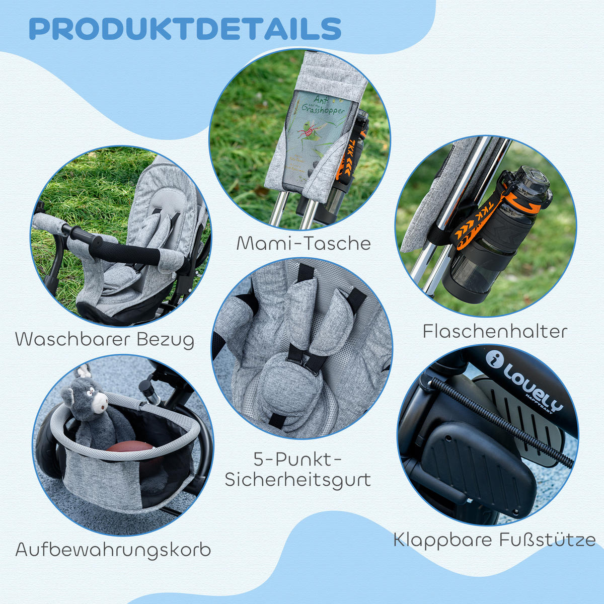 6-IN-1 Dreirad mit Schubstange, Kinderdreirad mit abnehmbarem Sonnendach - Grau, Metall (102/49/102cm) - HOMCOM