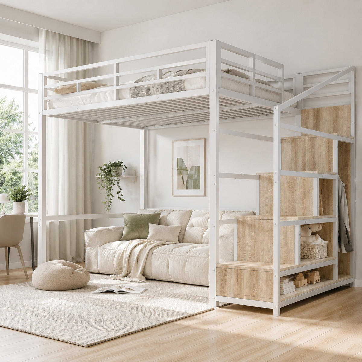 HOCHBETT 140/200 cm aus Metall mit Kleiderschrank, Weiß - Weiß, Metall (140/200cm) - OKMYHOME