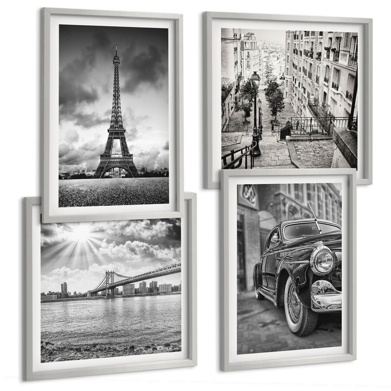 BILDER SET 4er Set - 50x50 cm & 40x60 cm Silberner Rahmen - Stadtansichten, Brücken, Eiffelturm, Auto - Silberfarben, Kunststoff (50/50cm) - TULUP